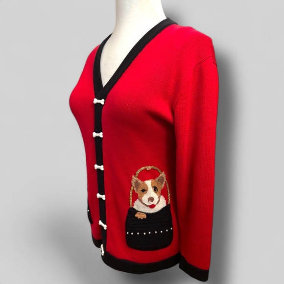 Berek 2 Sweater Womens Sz M Red Black Puppies In Pockets Dog Bones Buttons - Picture 5 of 8